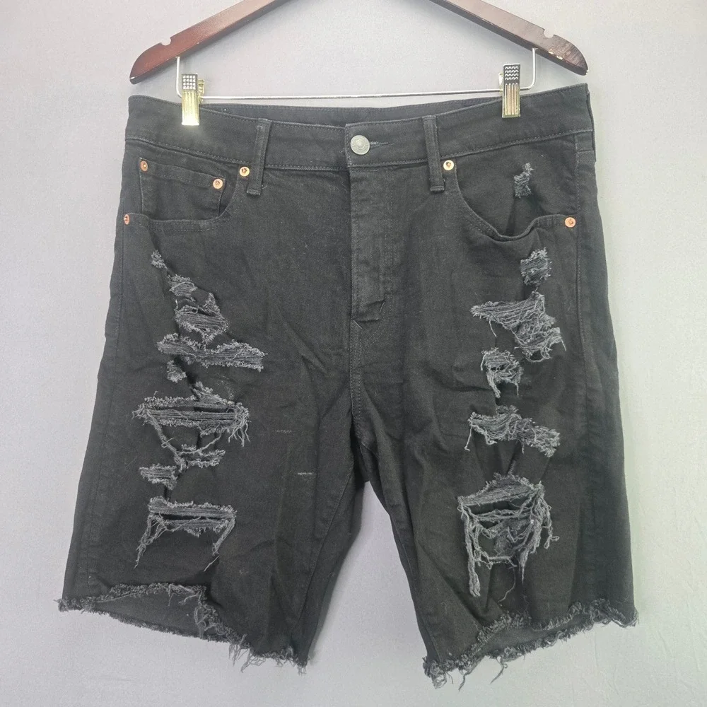 American Eagle Airflex+ Distressed Denim Shorts 34 Black Ripped Raw Hem Mens
